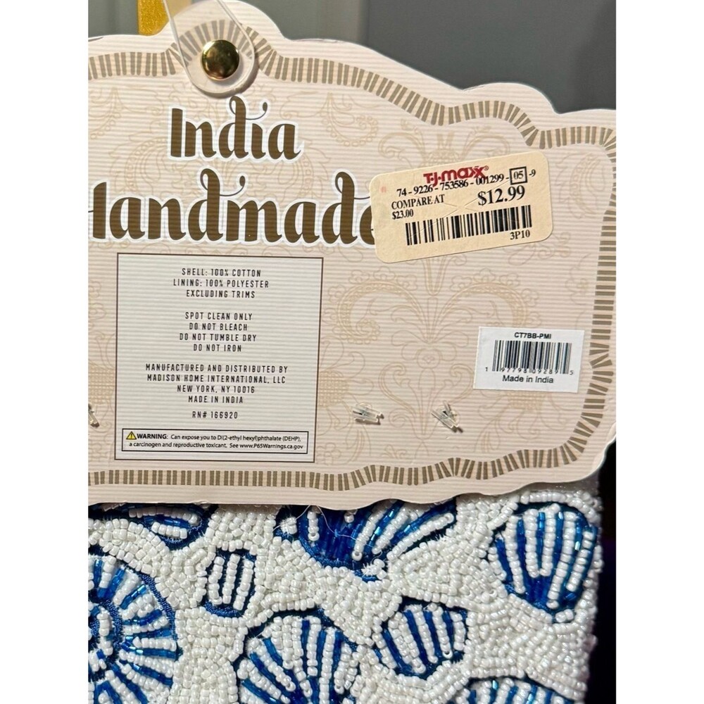 NWT India Handmade Blue White Beaded Seashell Zipper Pouch - Picture 3 of 3